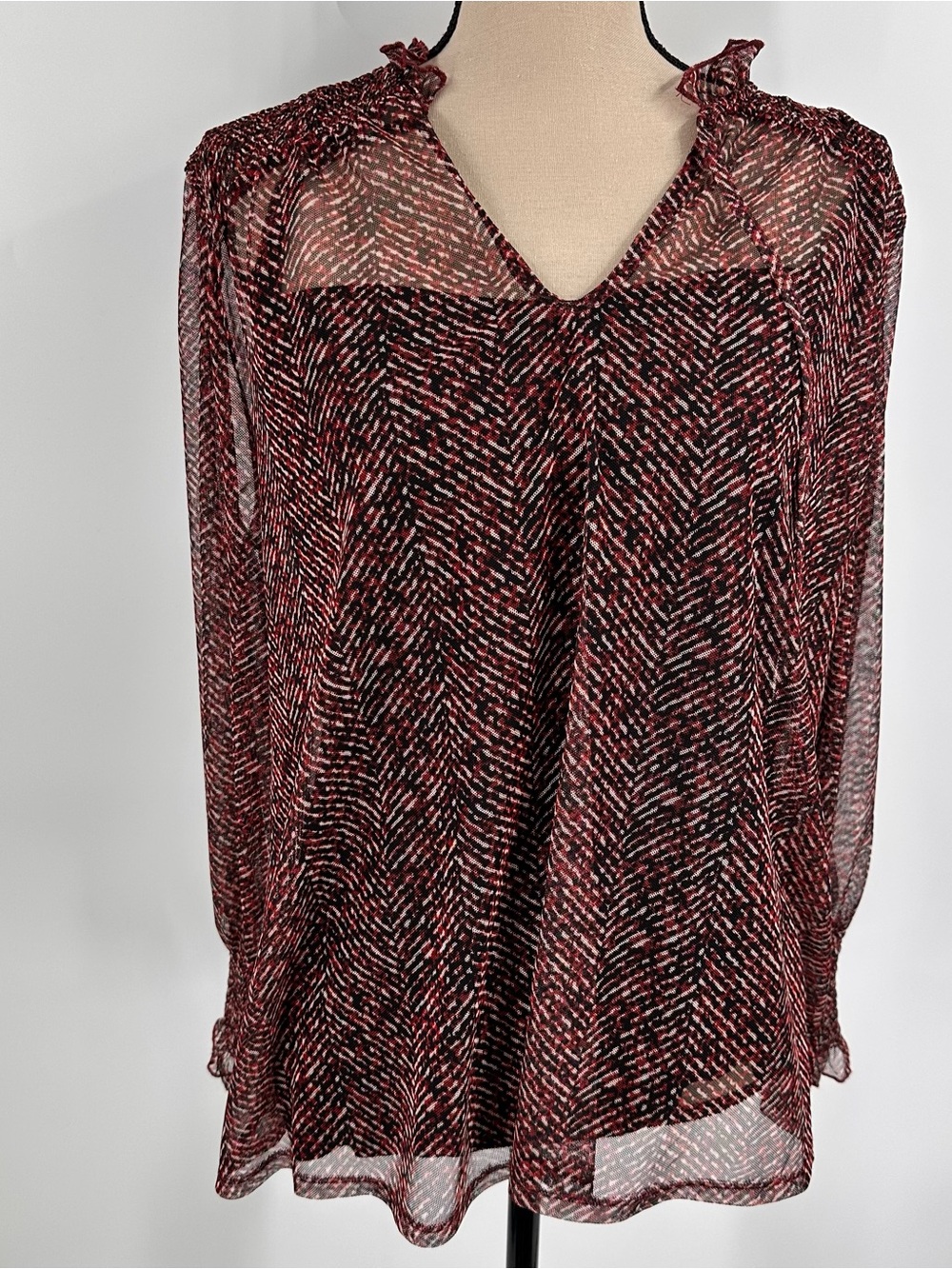 Chicos Layered Blouse Long Sleeve Herringbone Red Mesh 3XL Smocked‎ Ruffle NWT